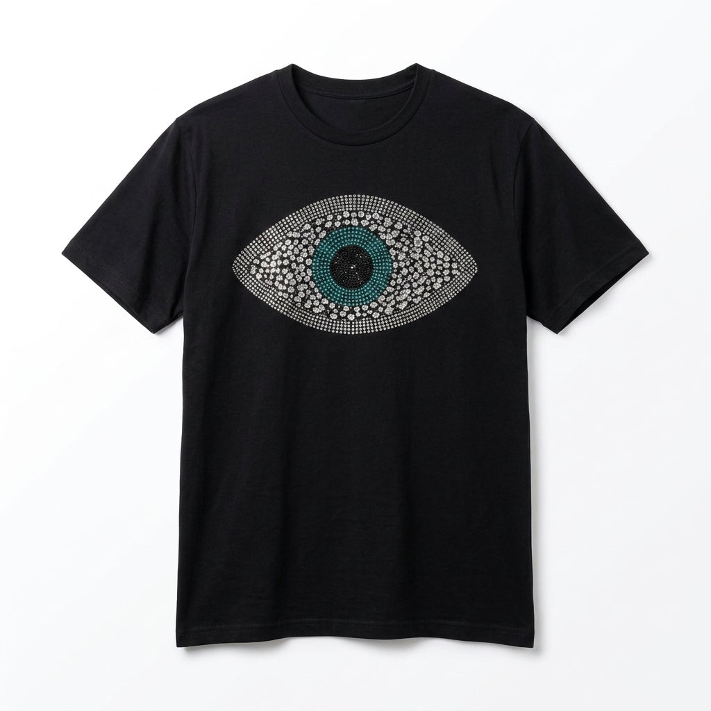 Black t-shirt with a decorative eye design on a white background