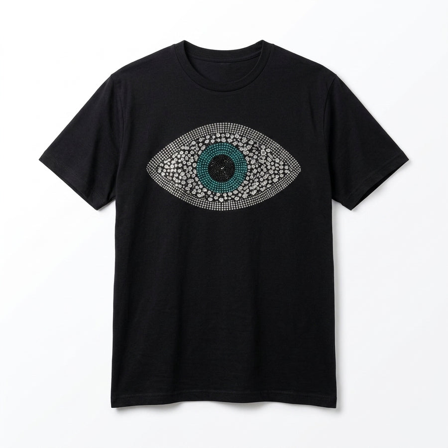 Black t-shirt with a decorative eye design on a white background