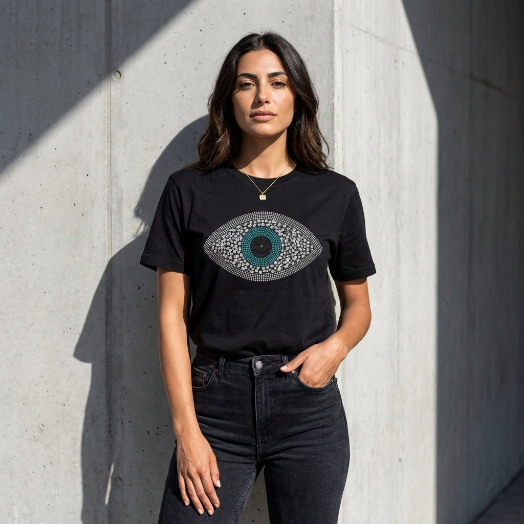 Woman wearing a black t-shirt with a graphic design against a concrete wall.