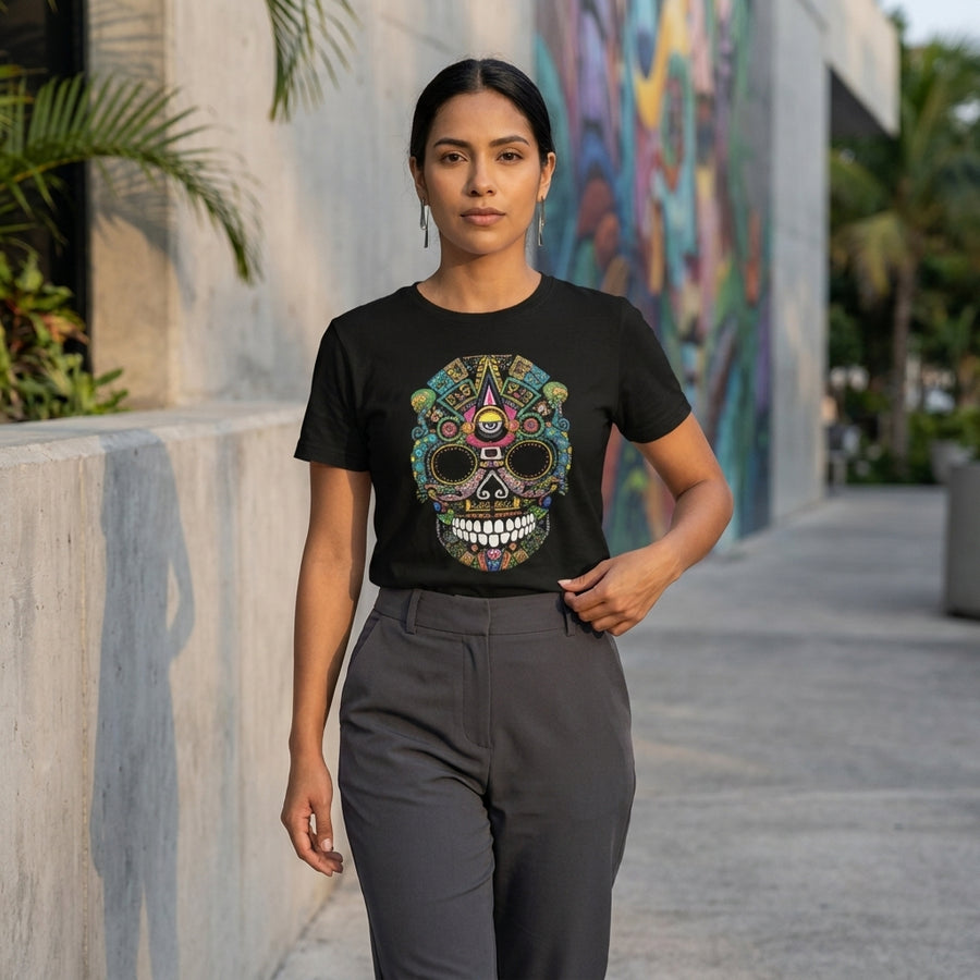 Woman wearing a black t-shirt with a colorful skull design, standing outdoors.
