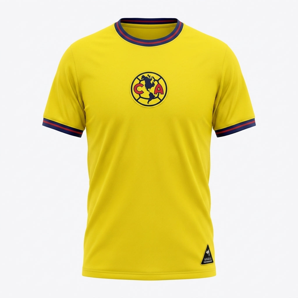 Yellow sports jersey with a logo on a white background