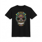 Black t-shirt with a colorful skull design on a white background