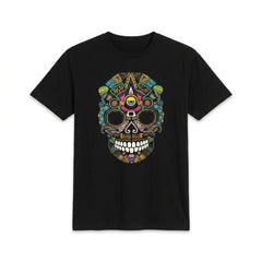 Black t-shirt with a colorful skull design on a white background