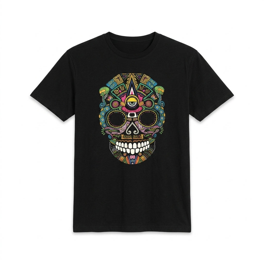 Black t-shirt with a colorful skull design on a white background