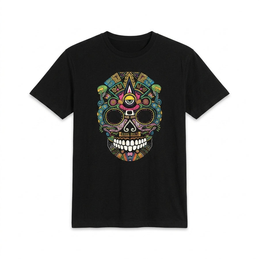 Black t-shirt with a colorful skull design on a white background