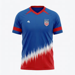 Blue, red, and white sports jersey with a logo on a white background