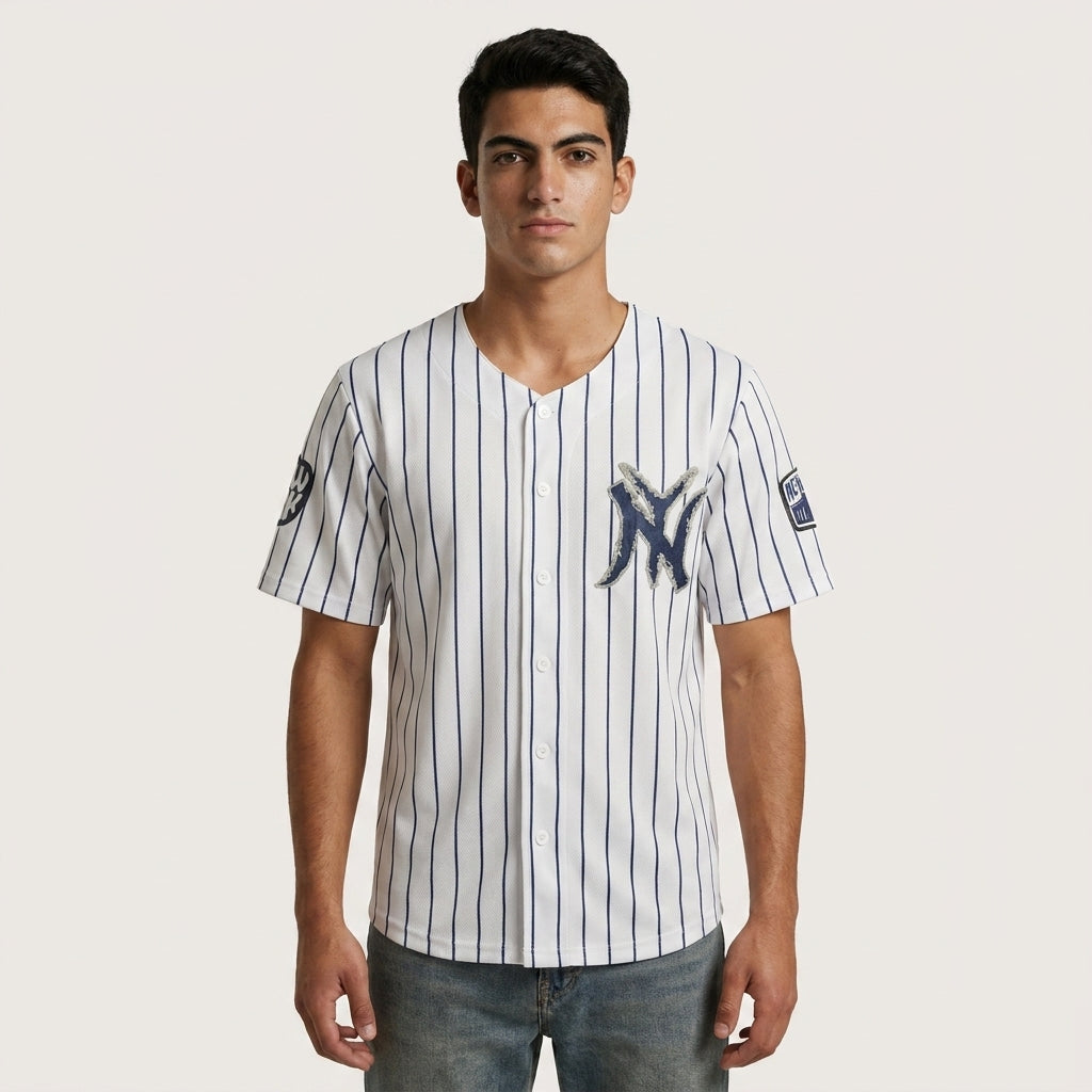 Downtown Pinstripe White Baseball Jersey front view