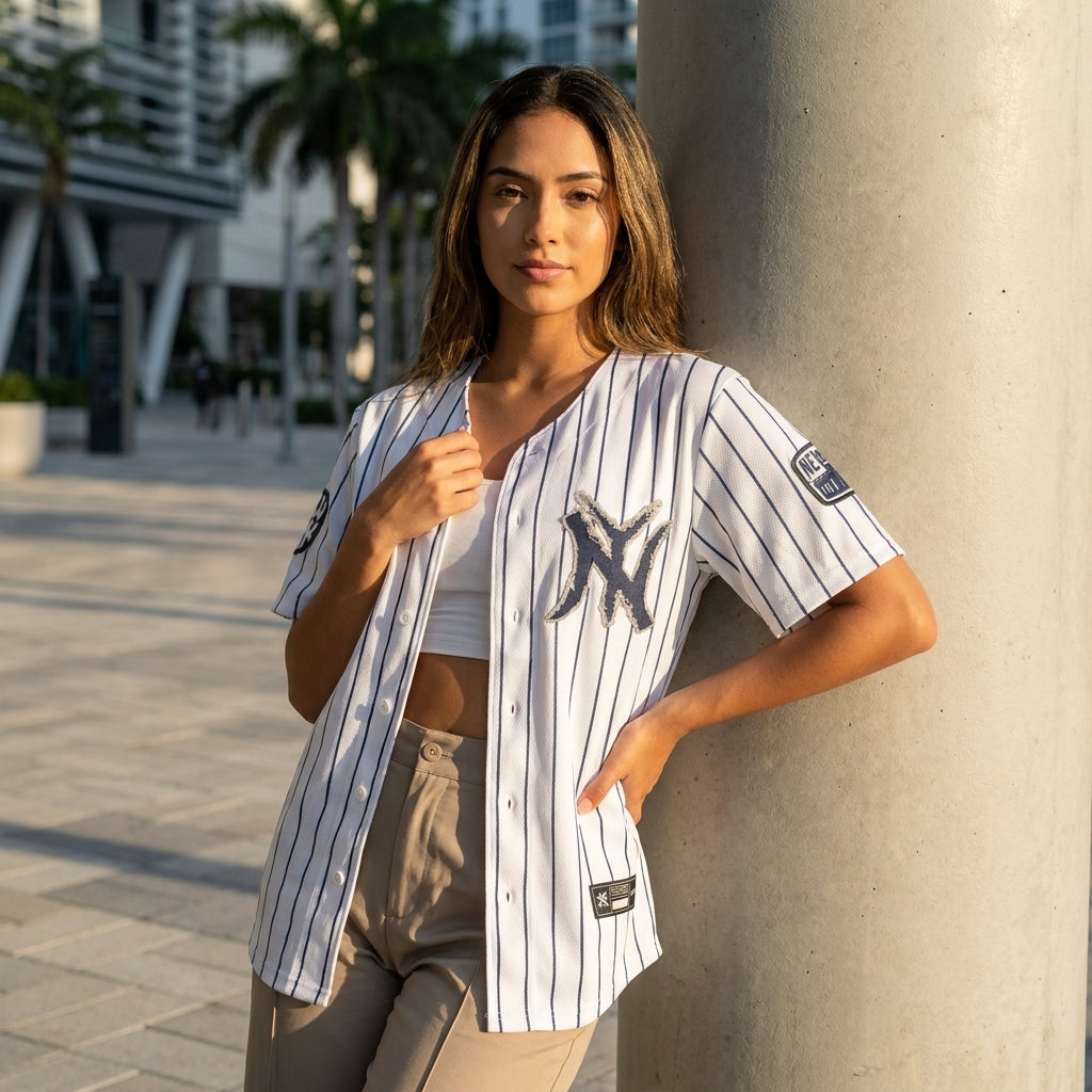 Woman wearing a New York Yankees jersey leaning against a wall outdoors.