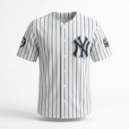 Baseball jersey with pinstripes and logo on a white background