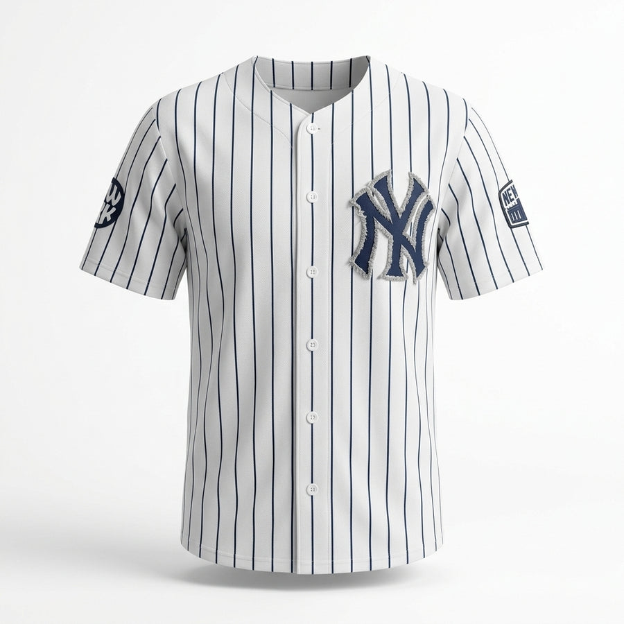 Baseball jersey with pinstripes and logo on a white background