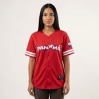 Person wearing a red Panama baseball jersey on a white background