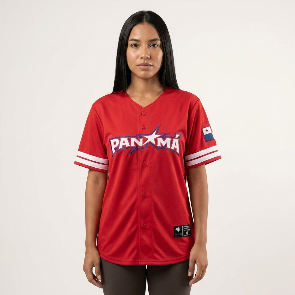 Person wearing a red Panama baseball jersey on a white background