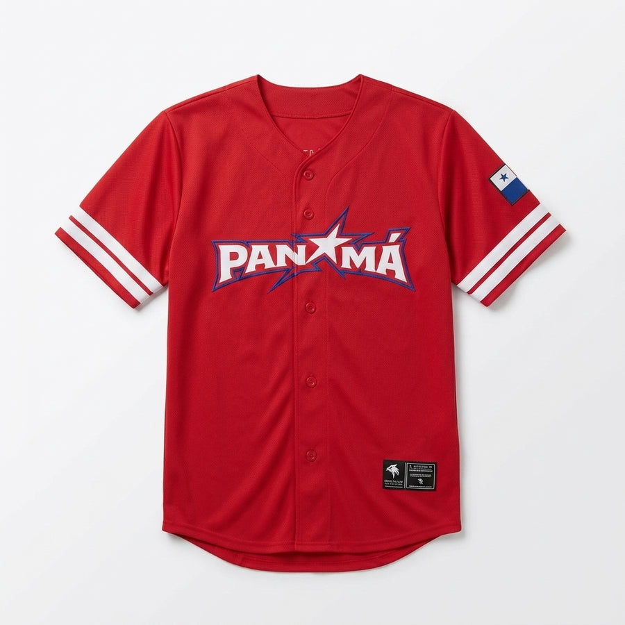 Red baseball jersey with 'Panama' text on a white background