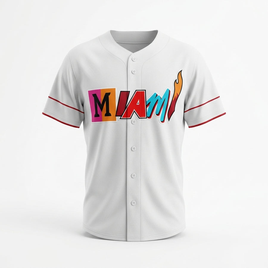 Miami Heatwave Embroidered Baseball Jersey – White Multicolor Streetwear