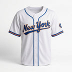 White baseball jersey with 'New York' text on a white background