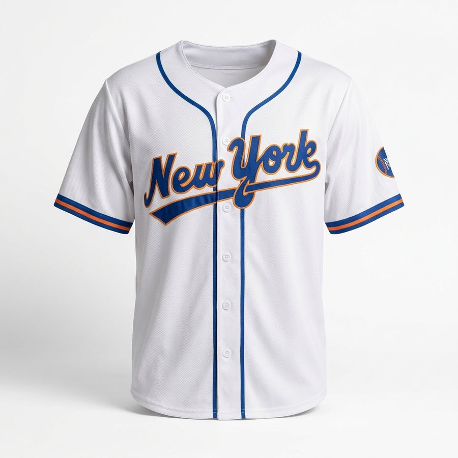 White baseball jersey with 'New York' text on a white background