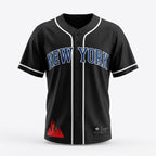 Black baseball jersey with 'New York' text on a white background