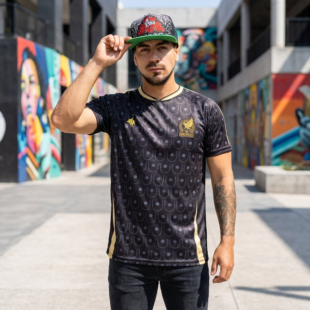 Man wearing a black patterned shirt and cap in an urban setting with colorful murals.