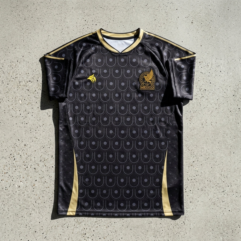 Black sports jersey with gold accents on a gray surface
