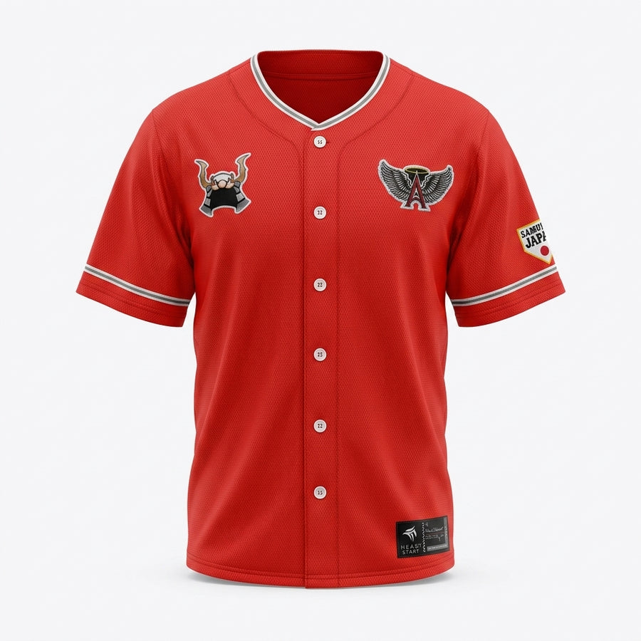 Red baseball jersey with logos on a white background
