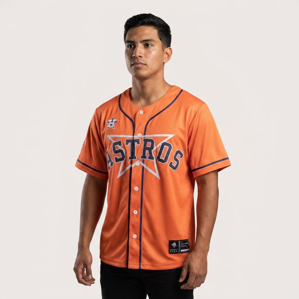 Orange button-up baseball jersey with relaxed streetwear fit