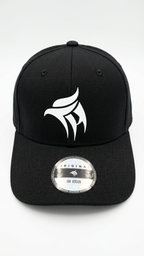 Black cap with a white logo on a white background
