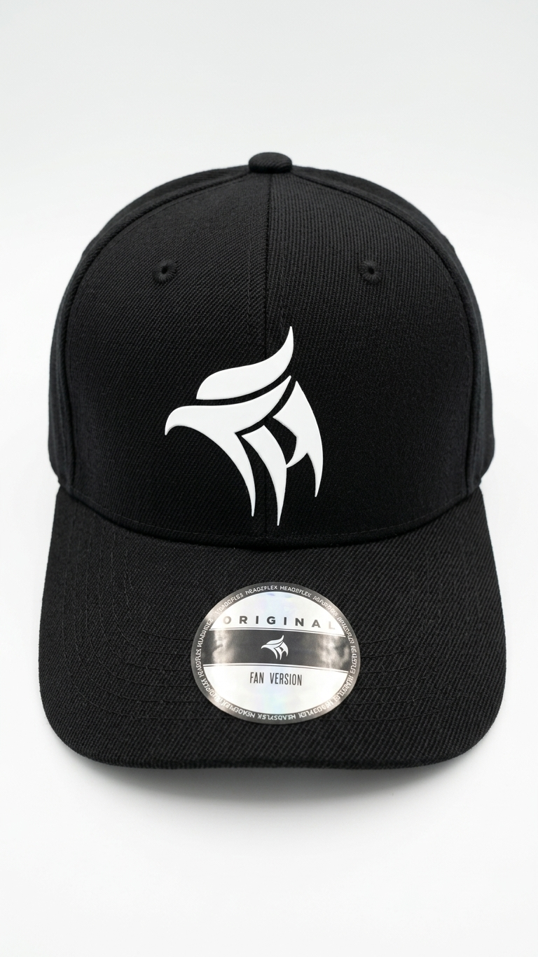 Black cap with a white logo on a white background