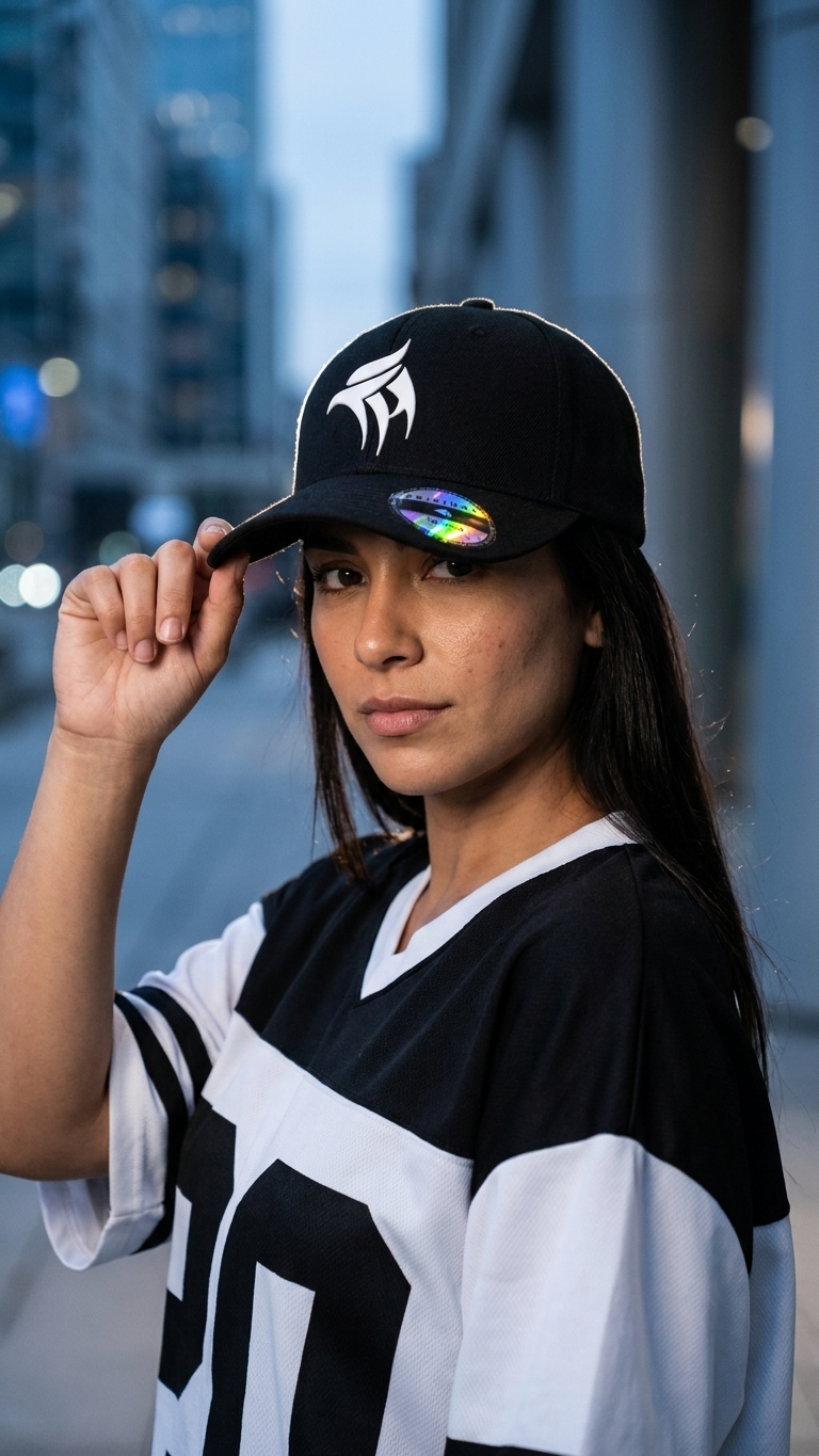 Person wearing a black cap with a logo and a black and white sports jersey in an urban setting.