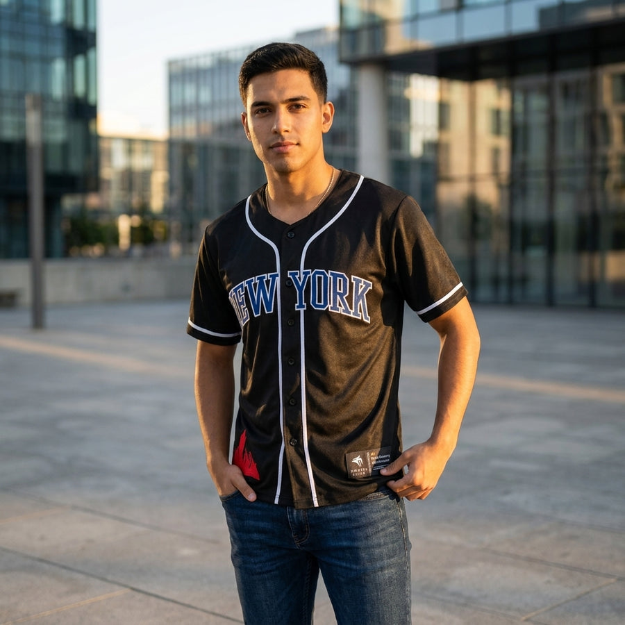 Man wearing a New York baseball jersey standing in an urban setting
