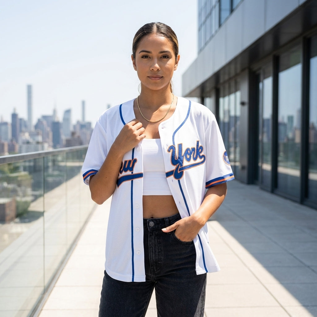 Woman wearing a white 'New York' sports jersey on a rooftop with cityscape background