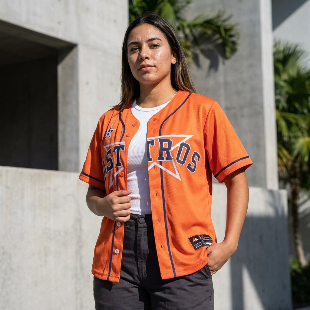 Houston-inspired orange baseball jersey for bold streetwear outfits