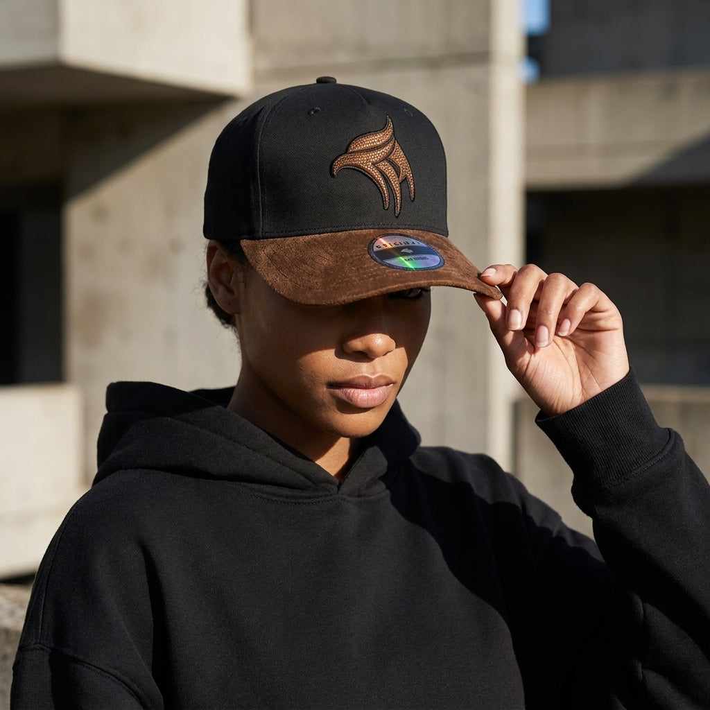 Headzflex Emblem Black and Gold Snapback Hat – Brown velvet Brim