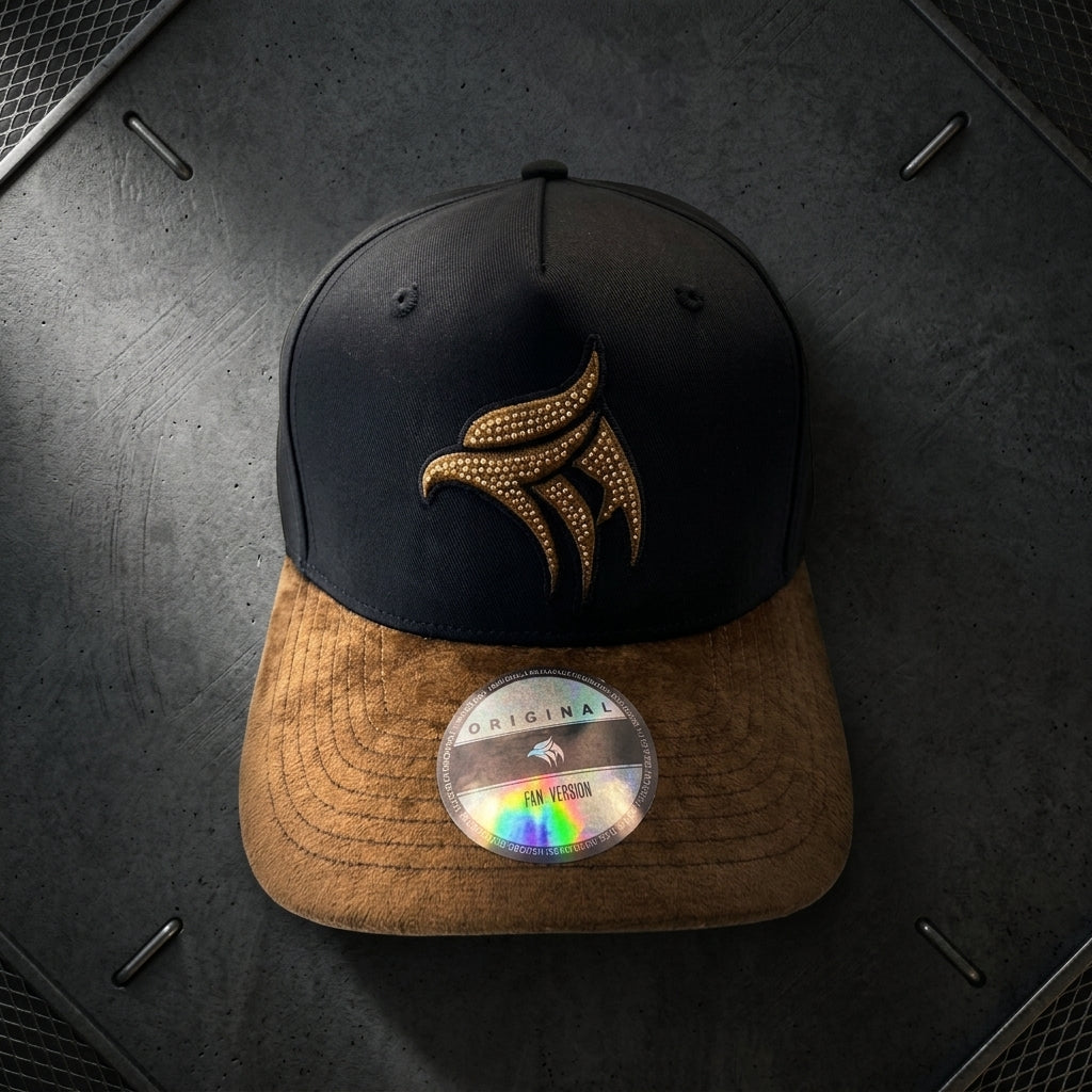 Headzflex Emblem Black and Gold Snapback Hat – Brown velvet Brim