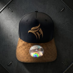 Headzflex Emblem Black and Gold Snapback Hat – Brown velvet Brim