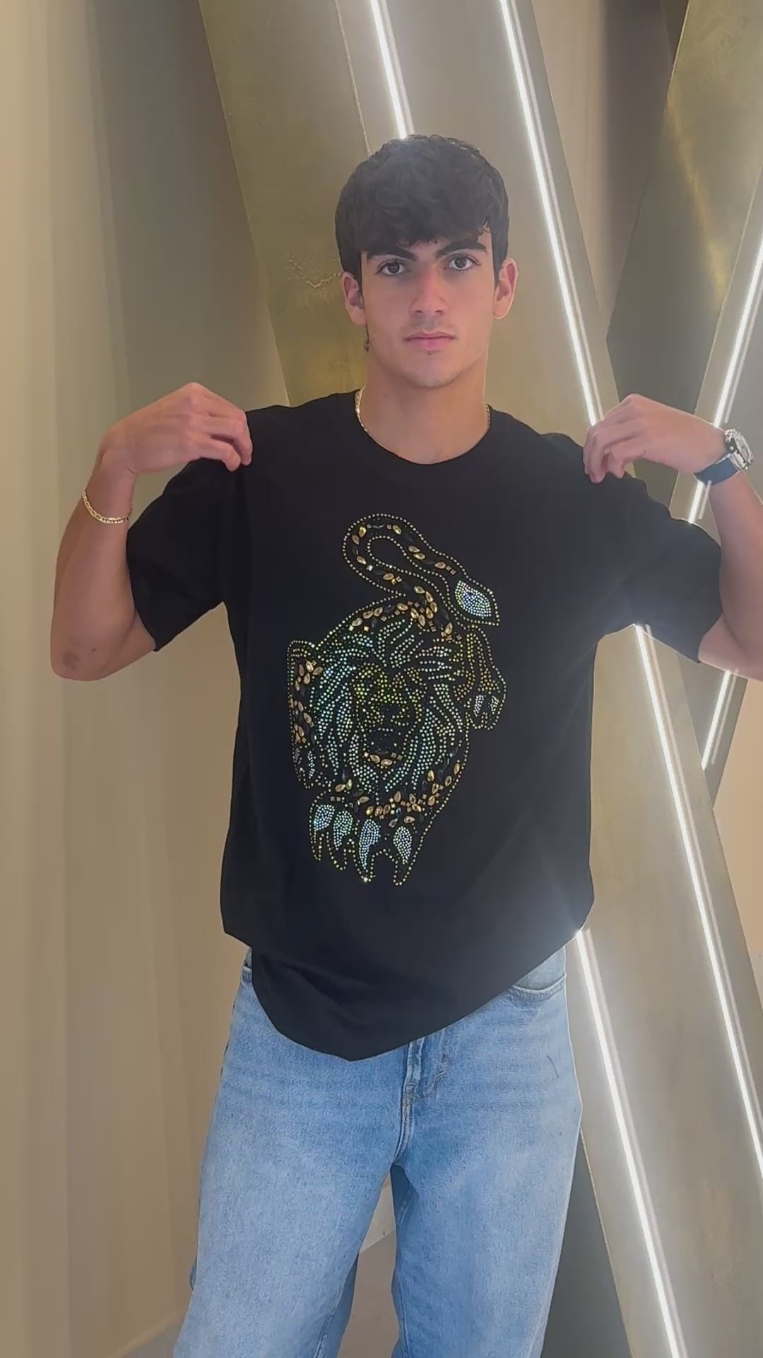 Golden Tiger Black Rhinestone T-Shirt